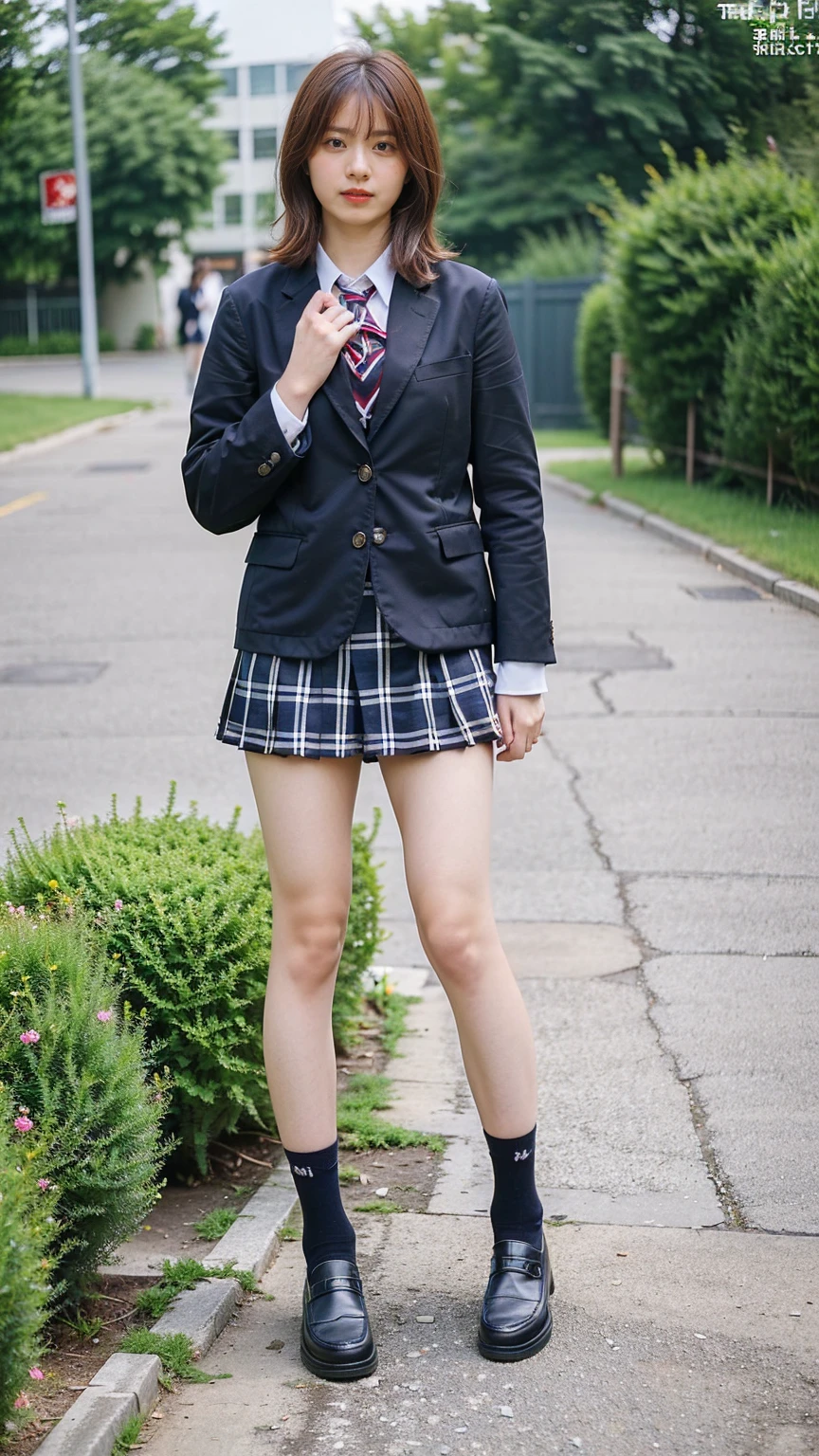 (8K、RAW Photos、Highest quality、masterpiece:1.2)、(Realistic、Realistic)、1 Girl、((Black Check Mini Skirt、High School Uniform、blazer、Navy Socks、loafers、Medium Hair、garden、View from the front、Looking into the camera、Stand with hands on hips))、cute