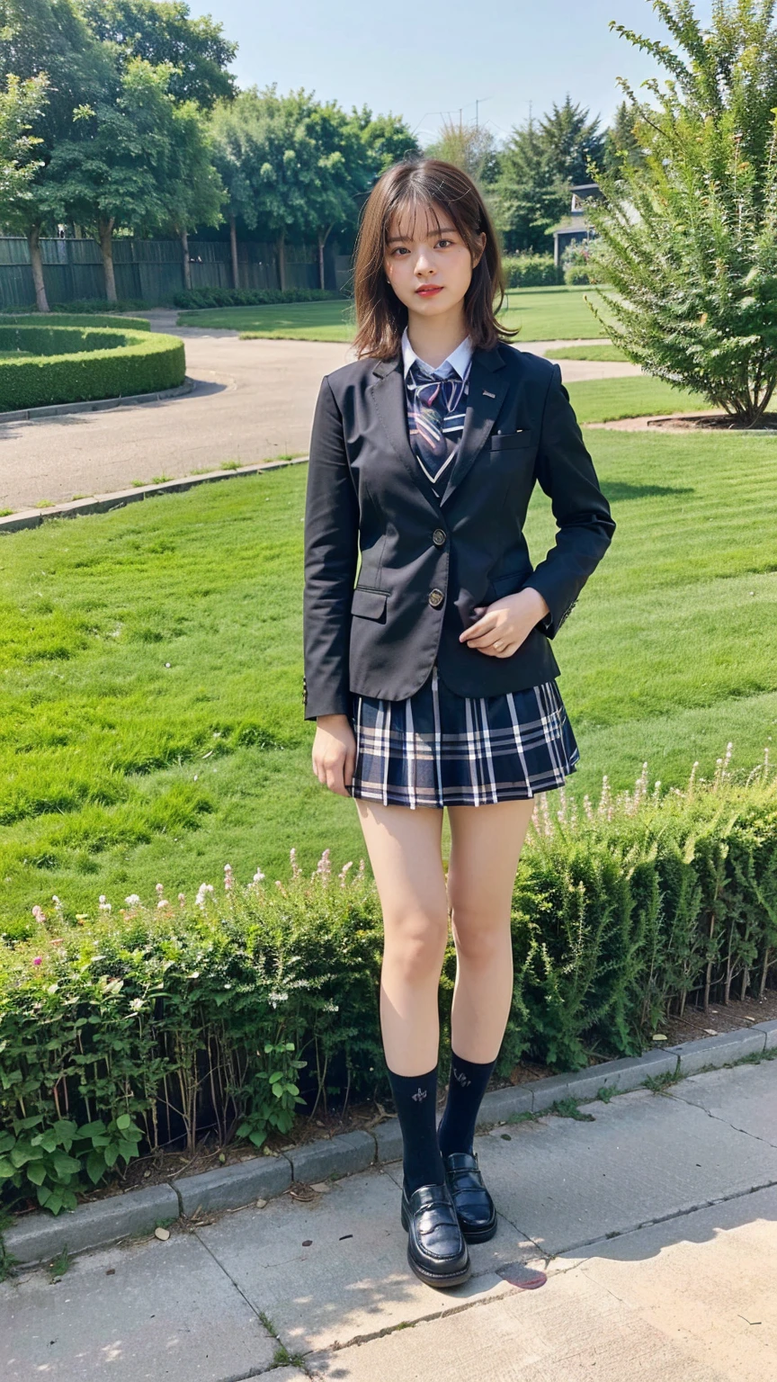 (8K、RAW Photos、Highest quality、masterpiece:1.2)、(Realistic、Realistic)、1 Girl、((Black Check Mini Skirt、High School Uniform、blazer、Navy Socks、loafers、Medium Hair、garden、View from the front、Looking into the camera、Stand with hands on hips))、cute