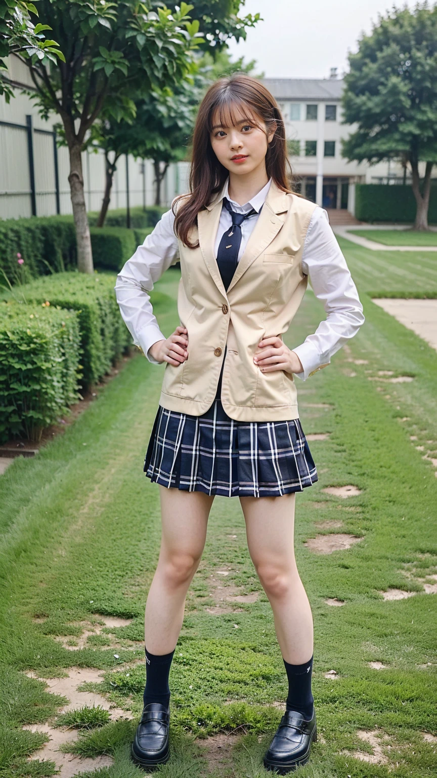 (8K、RAW Photos、Highest quality、masterpiece:1.2)、(Realistic、Realistic)、1 Girl、((Black Check Mini Skirt、High School Uniform、blazer、Navy Socks、loafers、Medium Hair、garden、View from the front、Looking into the camera、Stand with hands on hips))、cute