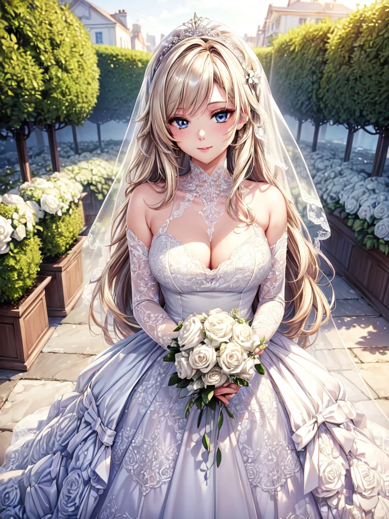 (masterpiece, best quality, beautiful and aesthetic:1.3), looking at viewer, 1girl, solo, light smile, (makeup, long hair, light beige hair, blue eyes:1.2), Octane Render, bridal veil, lace-trimmed dress, see-through, wedding dress, outdoors, white roses, garden, morning, standing, extreme detailed,