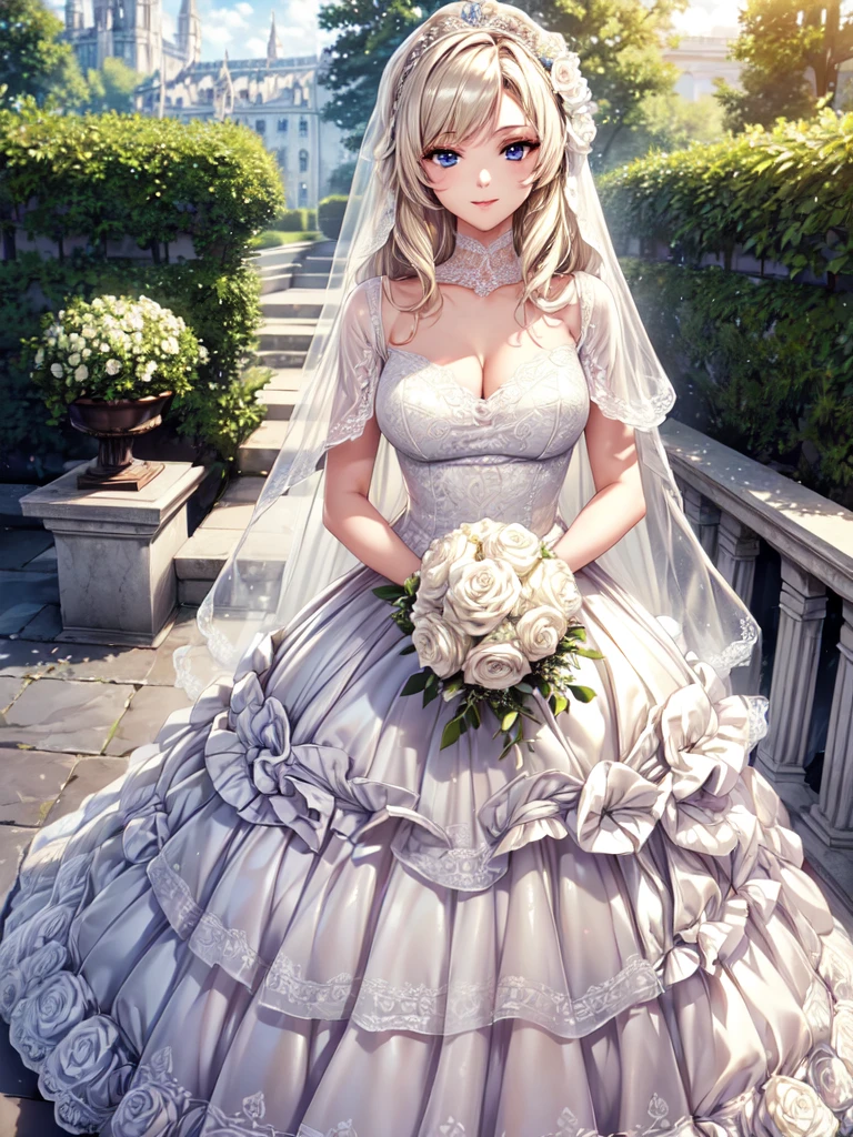 (masterpiece, best quality, beautiful and aesthetic:1.3), looking at viewer, 1girl, solo, light smile, (makeup, long hair, light beige hair, blue eyes:1.2), Octane Render, bridal veil, lace-trimmed dress, see-through, wedding dress, outdoors, white roses, garden, morning, standing, extreme detailed,