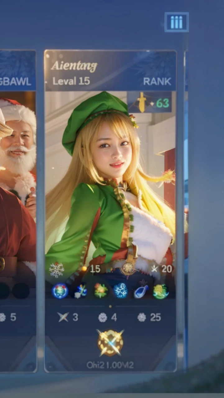 masterpiece, best quality, ultra-detailed, illustration,1girl, looking at viewer, best quality,depth of field,(closed mouth,light smile,blue eyes:1.1),beautiful detailed glow , (santa costume:1.3),(hands behind back:1.3),(arms behind back:1.3),blaze (arknights),   