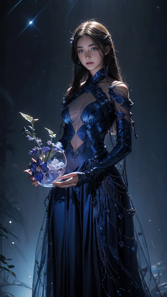 Full figure, seven -clinging shooting, 18 years old, wearing transparent science fiction clothes, exquisite faces, details, hands, ultimate details, amazing magnificence, LED internal lighting, Pedaipan style, fiber hair, glowing blue iris, glowing blue iris. ,,