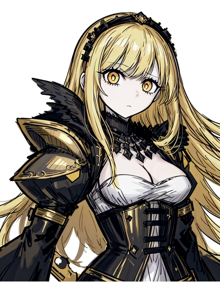 1girl, pale skin, golden eyes, golden hair, noblewoman dress, gold accessories, nice clothes, (high resolution, high detail, best quality), 
black background, medium size breasts, legendary sword,  sad,