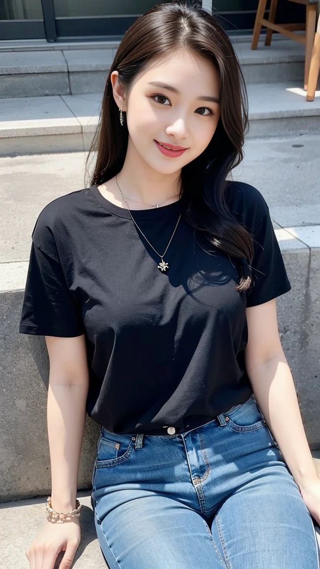 girl, solo, long hair, looking at viewer, smile, shirt, black hair, jewelry, sitting, short sleeves, pants, dark skin, bracelet, facial hair, denim, jeans, realistic,