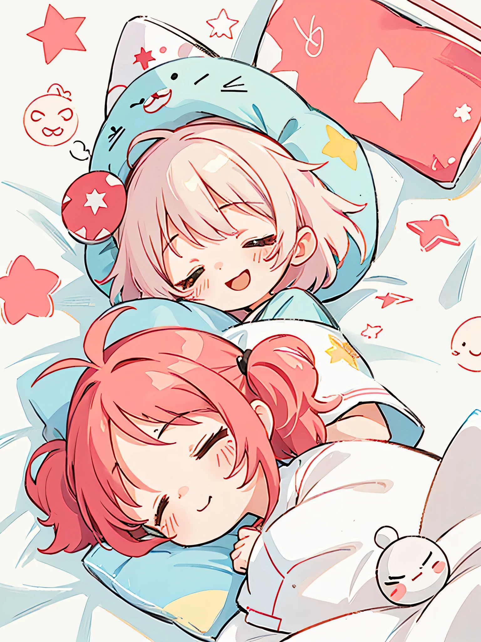 Black Star Red and White style, Kawaii Design, The most beautiful girl of all time、chibi, cute alien、smile, (((nap))), hospital bed