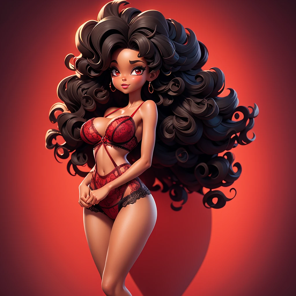  A sexy black cartonn woman in beautiful red lingerie posing gracefully for a photo, sexy lingerie beauty, curly hair, Waist slender, Sexy black girl, mulher de corpo inteiro, wearing lingerie, beautiful seductive black woman, slender figure, cartoon vector style, corpo pin-up, Broad Hips