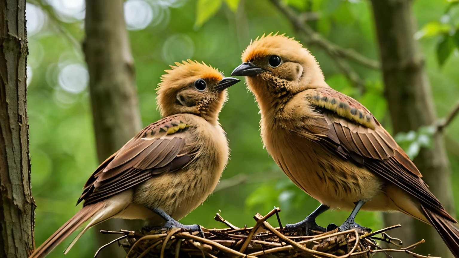 ((best quality)), ((Masterpiece)), (details), (Mother bird and baby birds), ((Hug each other)), forest, in the nest,