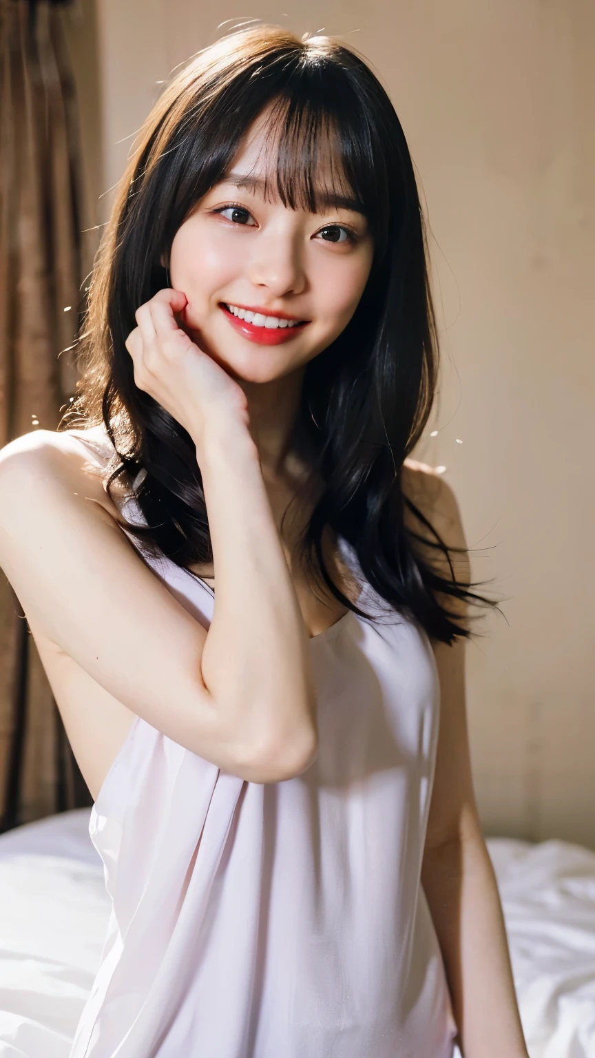 (8K、RAW Photos、Highest quality、masterpiece:1.2)、(Realistic、Realistic)、1 Girl、((naked、After sexual intercourse、Bedroom、morning、Wrapped in sheets、 the bed、smile、Look at the camera and smile))、cute