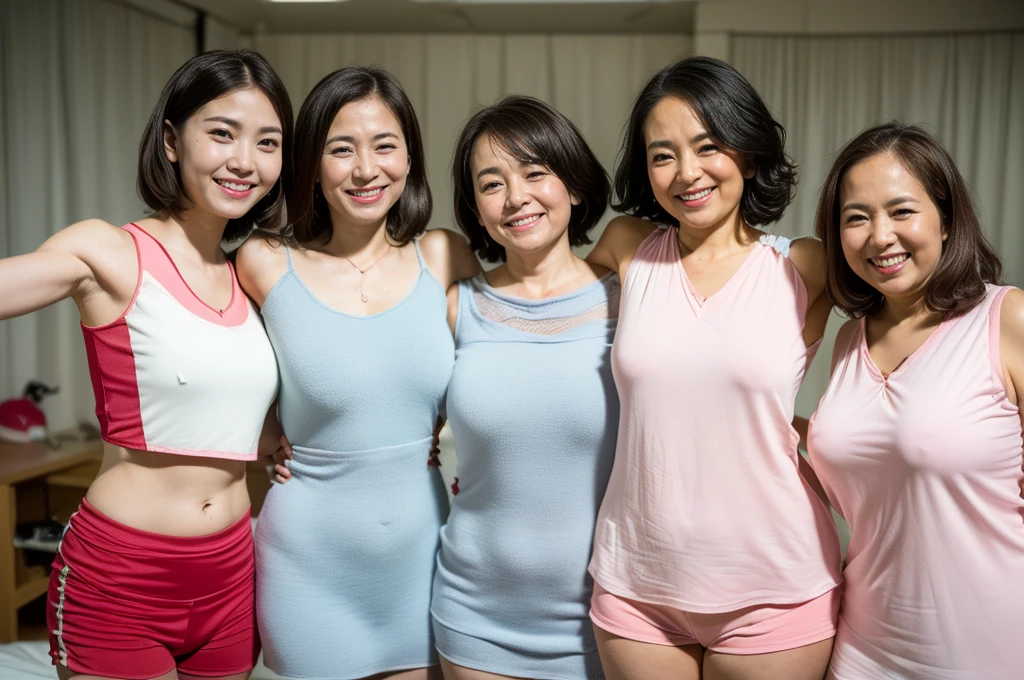masterpiece, Better Quality, High resolution, ((Photorealistic:1.4, Raw photo, 超High resolution,Best image quality: 1.4)), ((Do not split)),((Upper body 1.5)), Beautiful attention to detail, Natural color lip, ((Random Age)), ((Big smile:1.5)), ((Random cute hairstyles)), ((Random breast sizes from large to medium:1.3)), ((Random clothes:1.6)), ((Peeking from below)), ((Bedroom)), ((Random and cute expressions)),, ((Three Girls, Three people standing side by side:1.5)) Highly detailed and professional lighting, ((Random and cute expressions:1.5)), ((Showing off your armpits:1.5)), ((I can see your thighs:1.5)),((Randomly flip up skirts)), (( doll)),