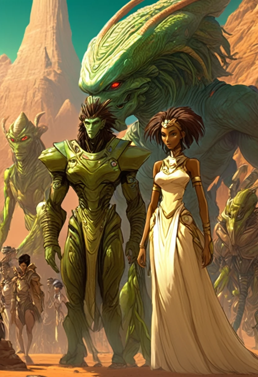 ( High quality , ultra detailed, careful with hand )a alienish alien like races species near humans humanoid hominid epic ancient female male race, on attractive couples on a alien epic civilization worlds as part of a alien multiworlds empire more anime semi realism look feel exotic