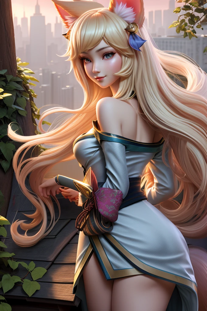 close up 1girl in, Ahri, league of legends, teenager, Solo, long hair, super long blond hair, pale skin, full medium breasts, cleavage, runners body, (thin hips, thin waist: 1.25), (arched back:1.12), detailed skin, neutral face, mischievous smile, revealing clothes, (wearing fox ears, fox tail, off the shoulder kimono: 1.1), (detailed tree house city background:1.1), dark rooftop, overlooking apocalyptic city, 4k textures, soft light, elegant, highly detailed, sharp focus, soothing tones, insane details, intricate details, hyperdetailed, low contrast, exposure blend, hdr, faded