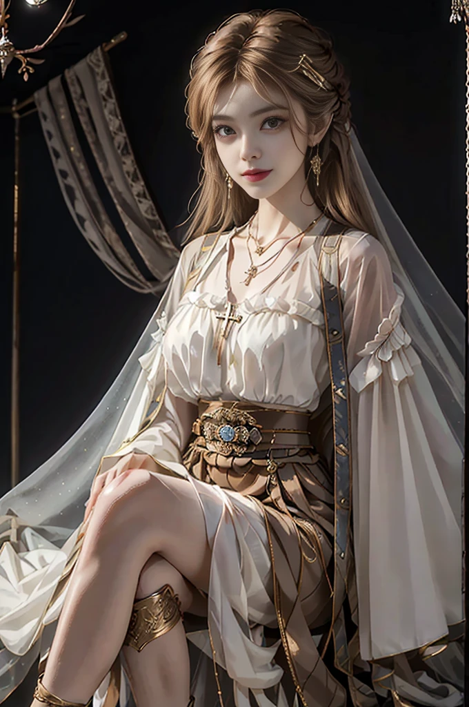 ((upper body)), ((realistic)), ((from above)), (Close up), 1 Asian female model, A young girl, the night, starrysky, (In the gazebo, Sit Pose, Cross ed leg, leaning against pillars), pretty pose, Eye-catching poses, Detailed scenes, Coiled hair, Hairpins, Beautiful hair accessories, Brownish-yellow hair, light make-up, Blushlush, Gloss on lips, pretty legs, ((period costume, high-waist, Nice belt, high-heels)), ((warm lights, a warm color palette)), (Extremely high color saturation), Detailed details, Super detailed, (tmasterpiece, best qualtiy), (An extremely delicate and beautiful work), Delicate earrings, Delicate necklace, Simple blurred background, Extreme detail description, Ultra-fine painting, Delicate face, slim toned body, Slimming the waist, ssmile, (anatomy correct)