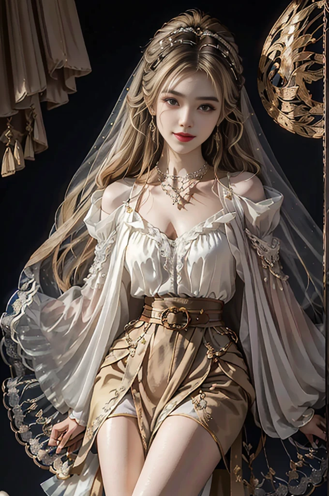 ((upper body)), ((realistic)), ((from above)), (Close up), 1 Asian female model, A young girl, the night, starrysky, (In the gazebo, Sit Pose, Cross ed leg, leaning against pillars), pretty pose, Eye-catching poses, Detailed scenes, Coiled hair, Hairpins, Beautiful hair accessories, Brownish-yellow hair, light make-up, Blushlush, Gloss on lips, pretty legs, ((period costume, high-waist, Nice belt, high-heels)), ((warm lights, a warm color palette)), (Extremely high color saturation), Detailed details, Super detailed, (tmasterpiece, best qualtiy), (An extremely delicate and beautiful work), Delicate earrings, Delicate necklace, Simple blurred background, Extreme detail description, Ultra-fine painting, Delicate face, slim toned body, Slimming the waist, ssmile, (anatomy correct)