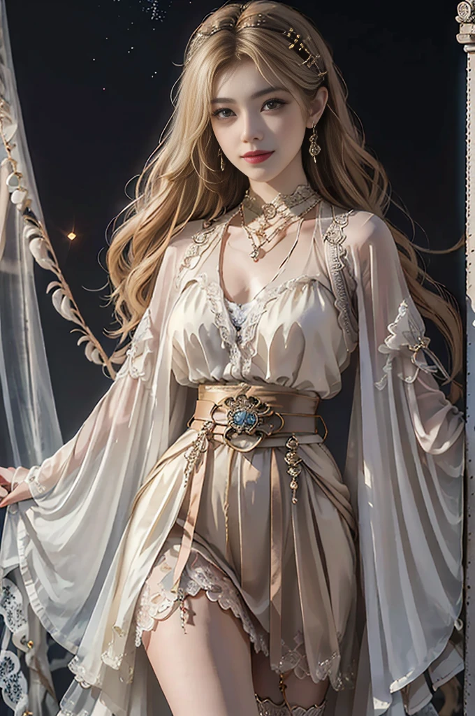 ((upper body)), ((realistic)), ((from above)), (Close up), 1 Asian female model, A young girl, the night, starrysky, (In the gazebo, Sit Pose, Cross ed leg, leaning against pillars), pretty pose, Eye-catching poses, Detailed scenes, Coiled hair, Hairpins, Beautiful hair accessories, Brownish-yellow hair, light make-up, Blushlush, Gloss on lips, pretty legs, ((period costume, high-waist, Nice belt, high-heels)), ((warm lights, a warm color palette)), (Extremely high color saturation), Detailed details, Super detailed, (tmasterpiece, best qualtiy), (An extremely delicate and beautiful work), Delicate earrings, Delicate necklace, Simple blurred background, Extreme detail description, Ultra-fine painting, Delicate face, slim toned body, Slimming the waist, ssmile, (anatomy correct)