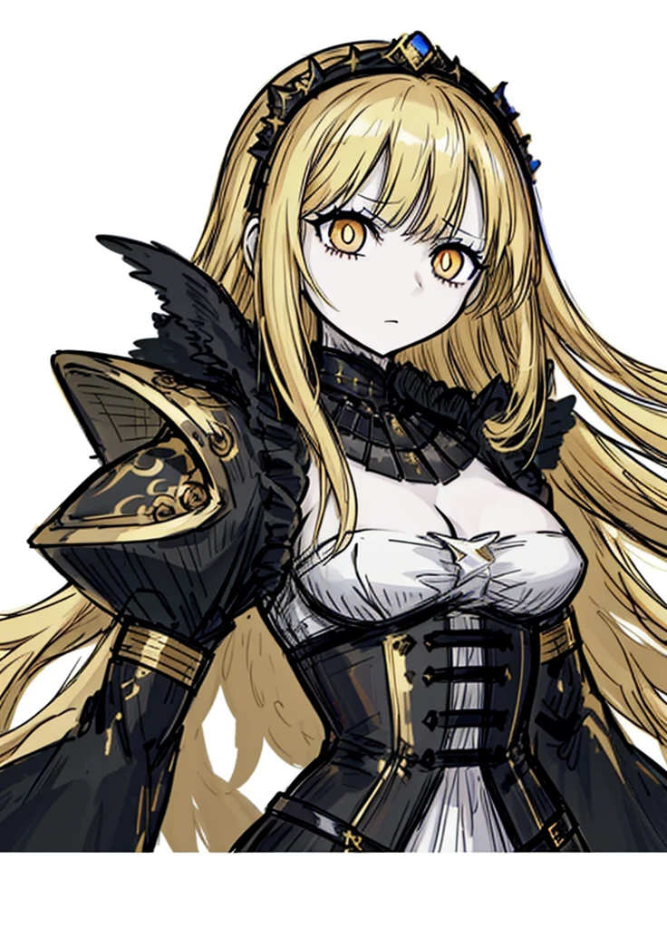 1girl, pale skin, golden eyes, golden hair, noblewoman dress, gold accessories, nice clothes, (high resolution, high detail, best quality), 
black background, medium size breasts, legendary sword,  sad,