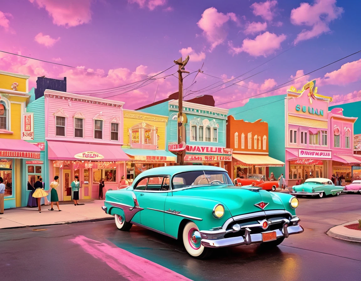 A 1950s retro scene of bimbos causing mayhem in a pastel-colored town, with a blend of vintage and kitsch aesthetics.