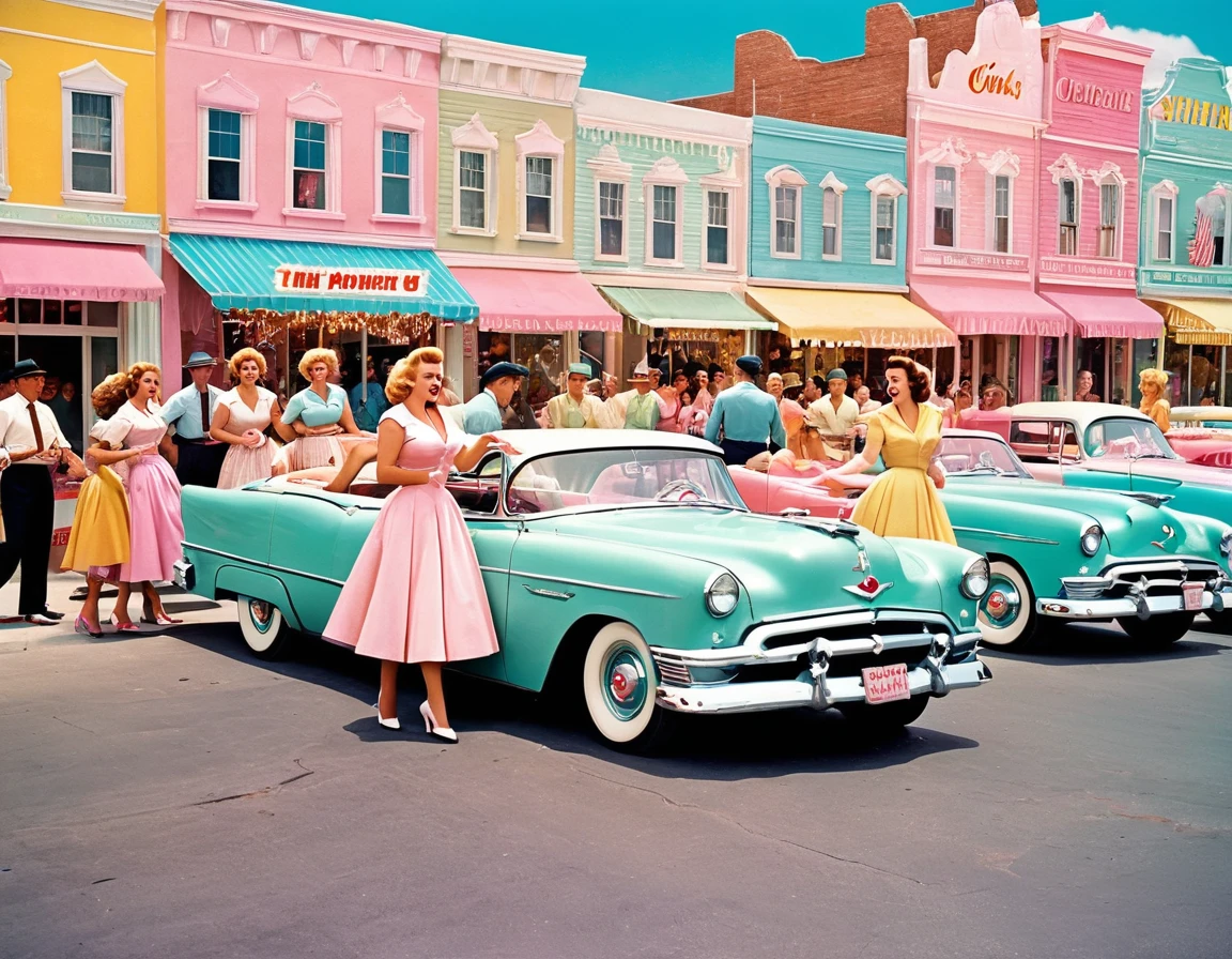 A 1950s retro scene of bimbos causing mayhem in a pastel-colored town, with a blend of vintage and kitsch aesthetics.