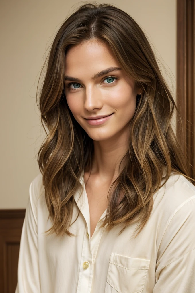 It's a man. A tall and slender person with long, wavy light brown hair with golden highlights. They have large, expressive emerald green eyes, clear skin with a healthy glow, and an oval face with high cheekbones. Their smile is warm and charming. They dress casually but elegantly in light, natural colors like beige, white, and pastels, emanating a friendly and approachable energy.