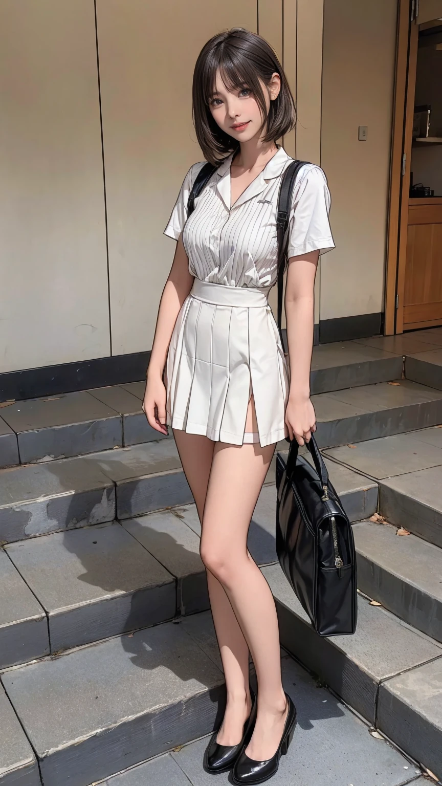 ((masterpiece)),(((Highest quality))),Thin thighs,Long legs,An 18-year-old woman standing on the steps of her school,Japan uniform:1.5,White camellia floral lace bra:1.5,open chest white shirt,The best smile,Short blonde hair:1.5,short side wave,Carrying a black backpack,Wear black loafers,