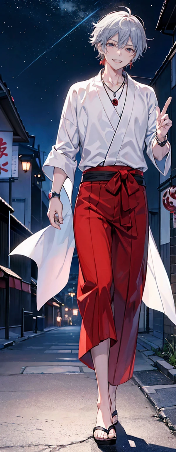 High resolution, High resolution,2D Anime Style,,Cool guy,Mature,,20th generation,short hair,Silver Hair,Red eyes,Beautiful Watches,Beautiful earrings,Beautiful Necklace,wearing a black yukata,He is laughing a little,night,walking,festival
