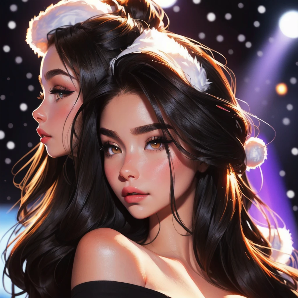 A woman with long black hair and a black top posing for a photo., soft devil queen Madison Beer, Portrait Sophie Mudd, Violet Myers, looks like a Christmas fairy tale, beautiful latin face, Madison Beer, sexy face with full makeup, Instagram Template, dark hair and makeup, profile picture, sensual look, 18 years, bella poarch