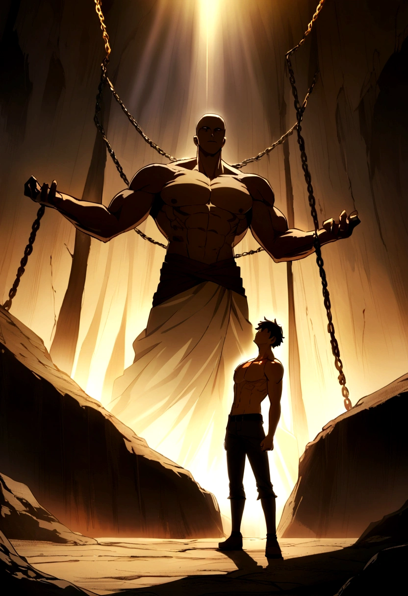 A muscular young man, shirtless with lightly defined muscles, is standing with his arms pulled upward by chains, giving the impression that he is imprisoned. He has a determined expression on his face, showing resilience. The background is a desolate cave, with rough, uneven walls and a dark, inhospitable atmosphere. There is a single, focused light shining down on the young man, casting dramatic shadows and highlighting his figure, while the rest of the cave remains shrouded in darknessn, anime.