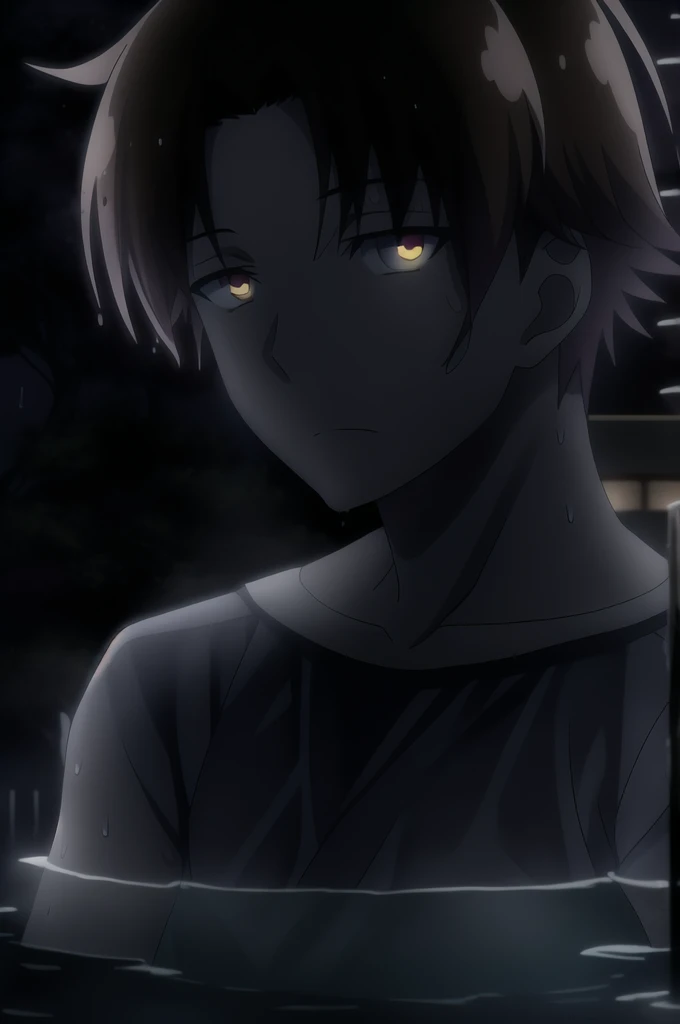 ayanokouji kiyotaka, 1boy, solo, male focus, brown hair, brown eyes, (moonlight), dynamic angle, onsen, looking at viewer, outdoors, steam, wet, water, wet, wet hair, sweat, dim lighting, white shirt, glowing eyes, lying, afloat,