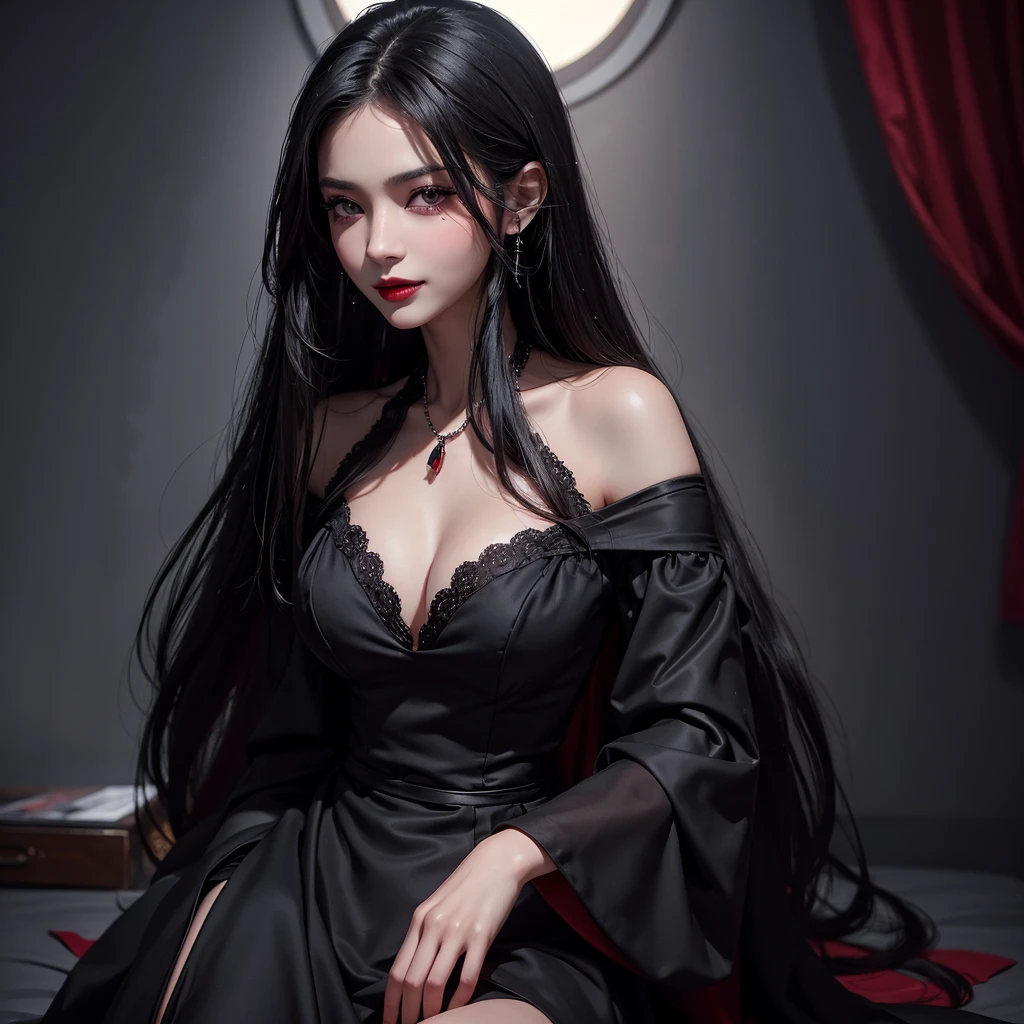 The highest image quality, pending details, ultra-high resolution, (真实感: 1.4), the best illustration, favor details, Highly condensed 1girl, with a delicate and beautiful face, Asian characteristics, long straight hair, Bblack hair, skin fair, eyes browns, lips, blush, breasts big, necklase, black gown, make-up, black eyeshadow, red lipgloss stick, A vampire, Grinning (best quality, ultra details, photorrealistic: 1.39), dark colours, studio lighting, romantic expression, seducer, dark scenery
