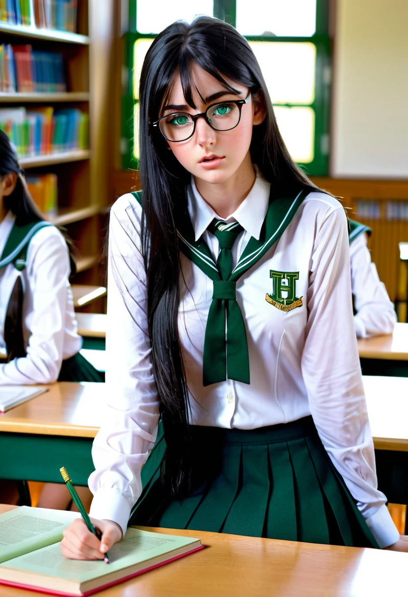 (High Definition) (Detailed) (Masterpiece) (Best Quality) (expressive eyes) (perfect face)
1_girl, long_straight_black_hair, (green_eyes), beautiful_face, slim_figure, big_breasts, glasses, school_uniform, (((blushing_and_ashamed))), elegant_school_uniform, siting_on school_desk, library, (freckles)
