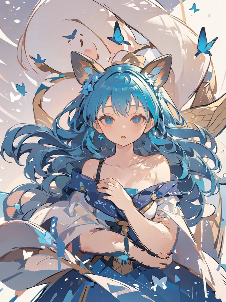 bust-up, 1girl, tosca blue hair, butterfly picking up strands of hair, blue flower, deer ears, white deer antlers, elegant white dress, teasing expression, splash background, solo, sketch, portrait, simple background