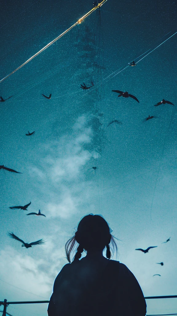 ((crane))、bird、Rainy Sky、1girl,from below