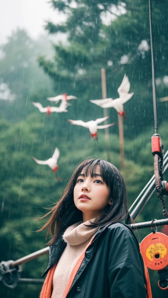 ((crane))、bird、Rainy Sky、1girl,from below