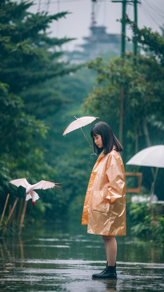 ((crane))、bird、Rainy Sky、1girl,from below