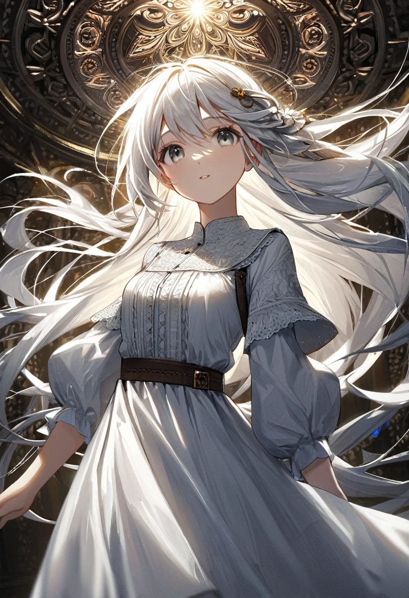 a peasant girl in a white dress, long hair, white hair, beautiful gray eyes, small metal hairpin on hair upward,detailed clothing, serene expression,(best quality,4k,8k,highres,masterpiece:1.2),ultra-detailed,cinematic lighting,intricate texture,elegant,simple background