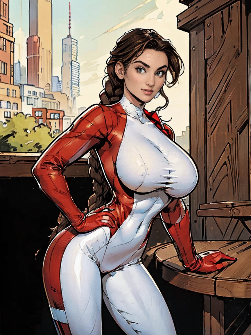 (masterpiece, top quality, best quality, official art, beautiful and aesthetic:1.2), (1girl:1.3), brown hair, braid, extremely detailed, portrait, looking at viewer, solo, (full body:0.6), detailed background, close up, mischievous eyes, (warm city superhero theme:1.1), pleasant smile, brunette, aquiline nose, green eyes, braid, ((gigantic breasts)), (thin), athletic, superhero. Wearing a sleek, satin (high-neck) (sleek white and red striped bodysuit), ((red sleeve stripes, red leg stripes)), (white sides, red center), modest, fully-covered, long red gloves, long red boots, slim waist, slim hips, long legs, modern (city street exterior:1.1) detailed background, bright optimistic lighting, shadows, magical atmosphere, dutch angle