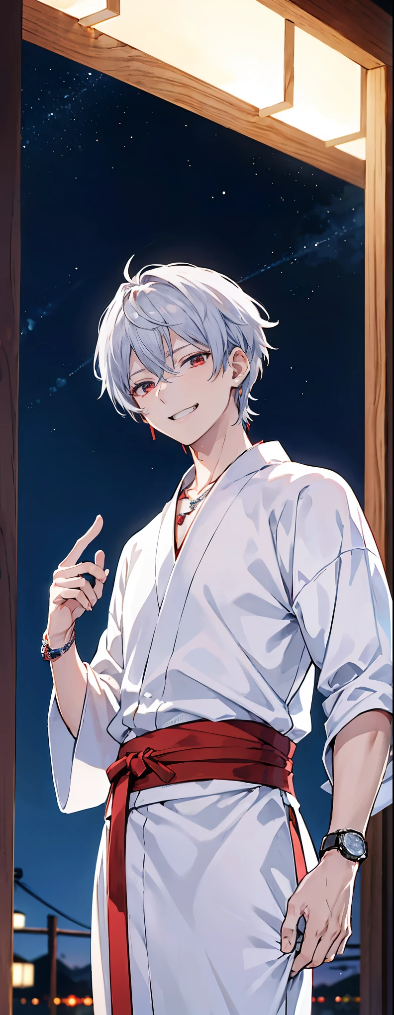 High resolution, High resolution,2D Anime Style,,Cool guy,Mature,,20th generation,short hair,Silver Hair,Red eyes,Beautiful Watches,Beautiful earrings,Beautiful Necklace,Wearing a yukata,He is laughing a little,night,Are standing,festival