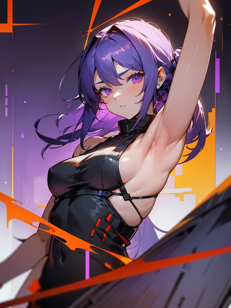 Arknights, Arknights Surtr, Surtr Armpits, Cute Armpits, Anime Style, Hot body, detailed armpits, purple eyes, amethyst eyes, Cyberpunk background, cyberpunk apartment,