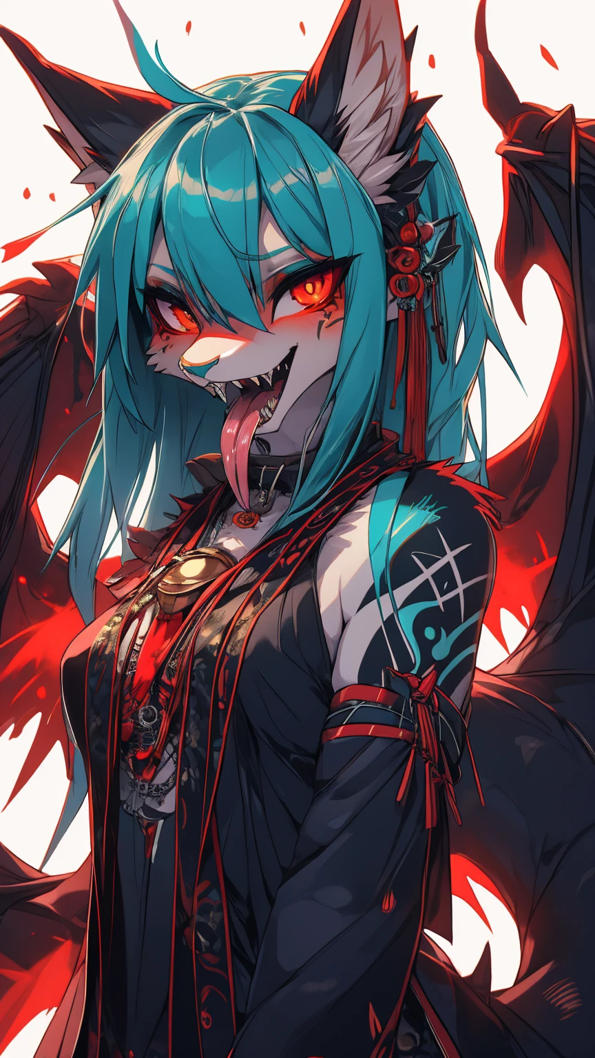 Miku Hatsune, add high definition_detail:1, blue fur,kitsune ears, tribal tattoo add_detail, diabolic girl, batwigns add_detail Ferocious fangs, sharp fangs, Demon yokai kitsune, long snake tongue add_detail:1