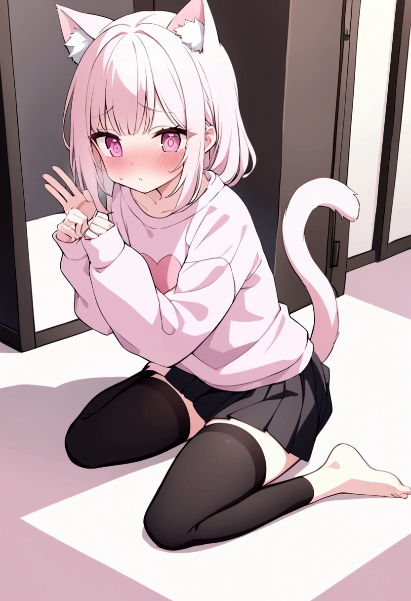 I have white pink hair, cat ears, a bow, my face is super blushing, black glasses, pink heart eyes, a big pink sweatshirt, a black skirt, black stockings, what's up, barefoot, a cat's tail, a girl Very shy