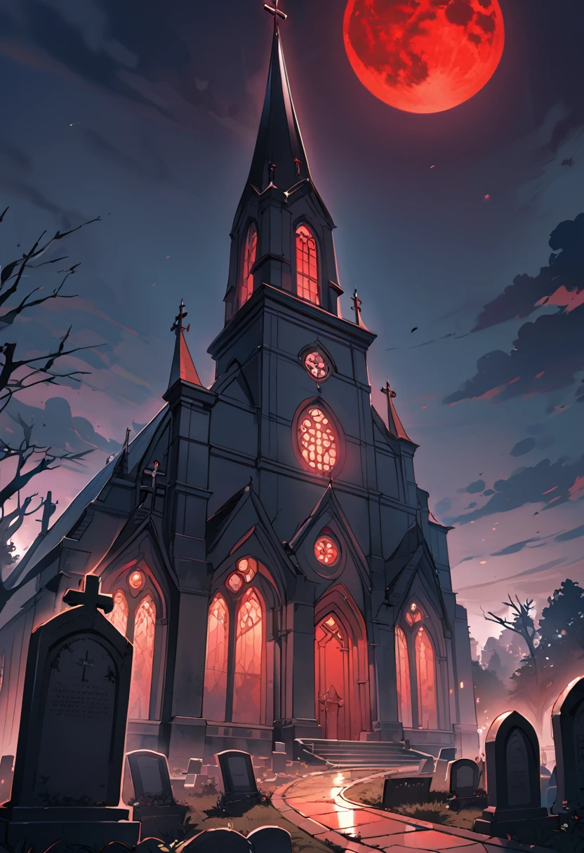 church,graveyard,red moon