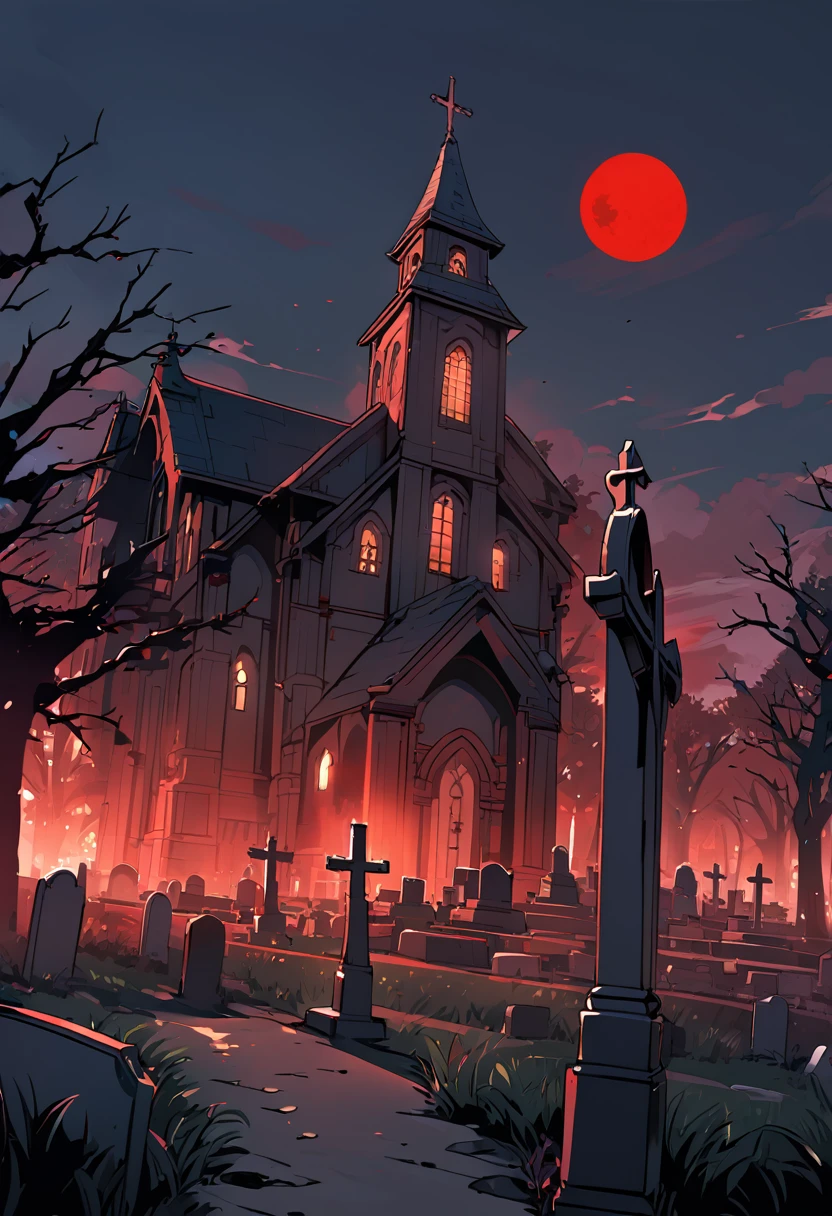 church,graveyard,red moon