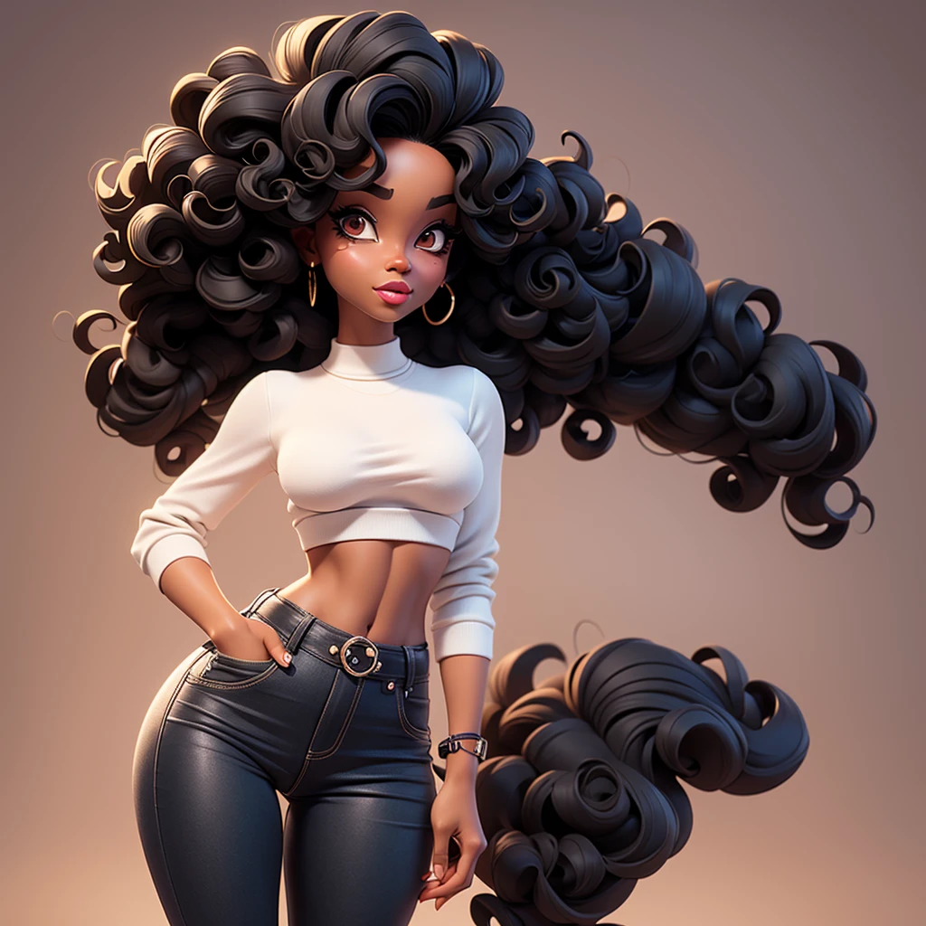 A sexy black woman in beautiful jeans and white crop top posing gracefully for a photo, beauty in jeans, curly hair, Waist slender, Sexy black girl, mulher de corpo inteiro, wearing jeans, beautiful seductive black woman, slender figure, cartoon vector style, corpo pin-up, Broad Hips