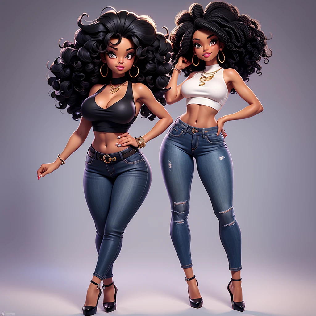  A sexy black woman in beautiful jeans and white crop top posing gracefully for a photo, beauty in jeans, curly hair, Waist slender, Sexy black girl, mulher de corpo inteiro, wearing jeans, beautiful seductive black woman, slender figure, cartoon vector style, corpo pin-up, Broad Hips