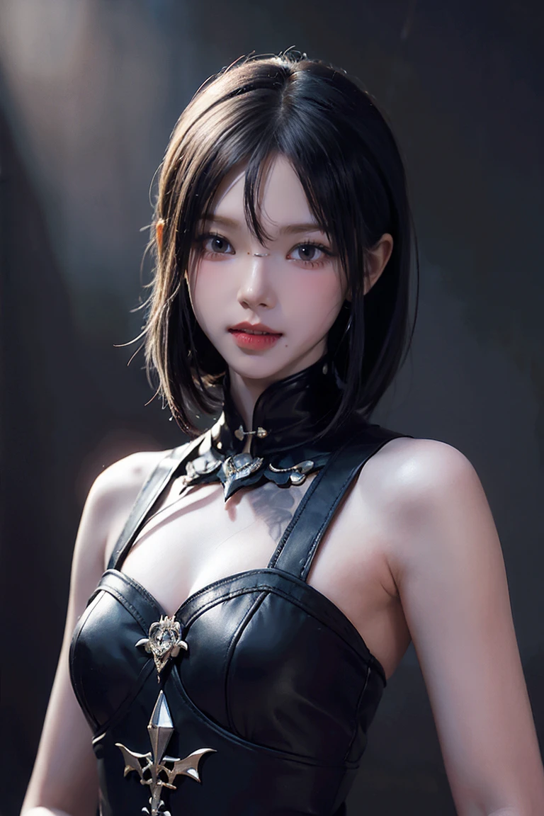 (high quality: 1.3), Cinematic shots, masterpiece, (Sharp focus: 1.5), (Realistic: 1.3), Medium portrait (Beautiful young vampire woman, Pale skin, Gothic, Still proud、intense, Straight black short bob hair, Dark look, Wearing a very finely crafted dark tunic, Dark atmosphere, but、Sculpting shapes with sharp chiaroscuro), It's night, (Highly detailed skin), (Detailed face), Detailed Background, Dim lighting, dusk lighting, Volumetric lighting, Intricate details, Ultra-high resolution,