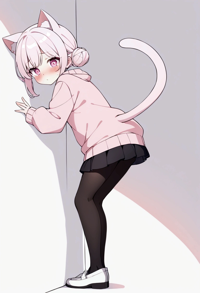 I have white pink hair, cat ears, a bun, my face is super blushing, black glasses, pink heart eyes, a big pink sweatshirt, a black skirt, black stockings, white shoes, a cat's tail, a girl. very shy that she is glued to a wall with her butt
