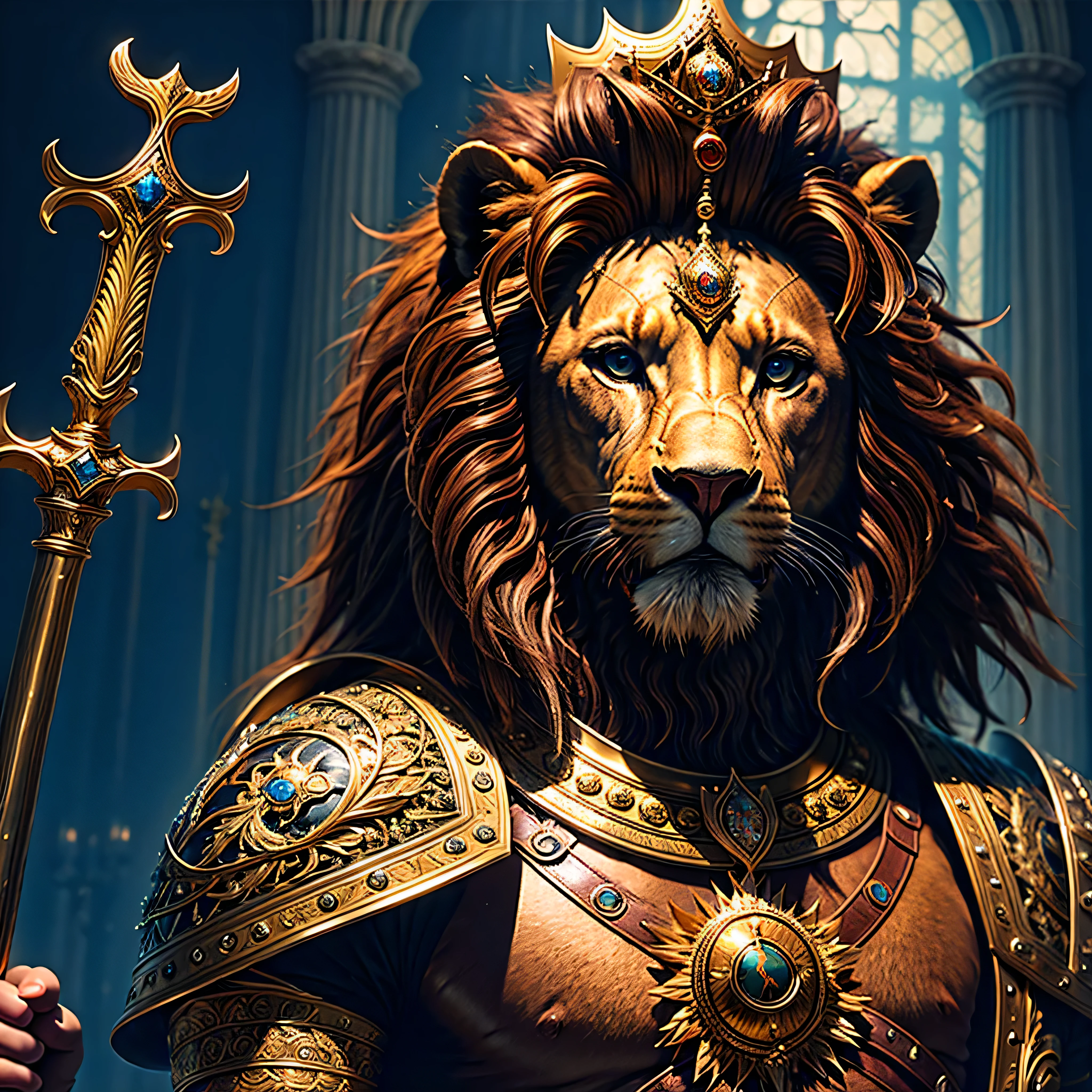 a human-like lion,highly detailed,wearing advanced body, bright shining eyes, golden titanium crown,wielding a shining sword,guarding an important location,dramatic lighting,cinematic composition,hyper realistic,award winning digital art,intricate details,chiaroscuro,moody atmosphere