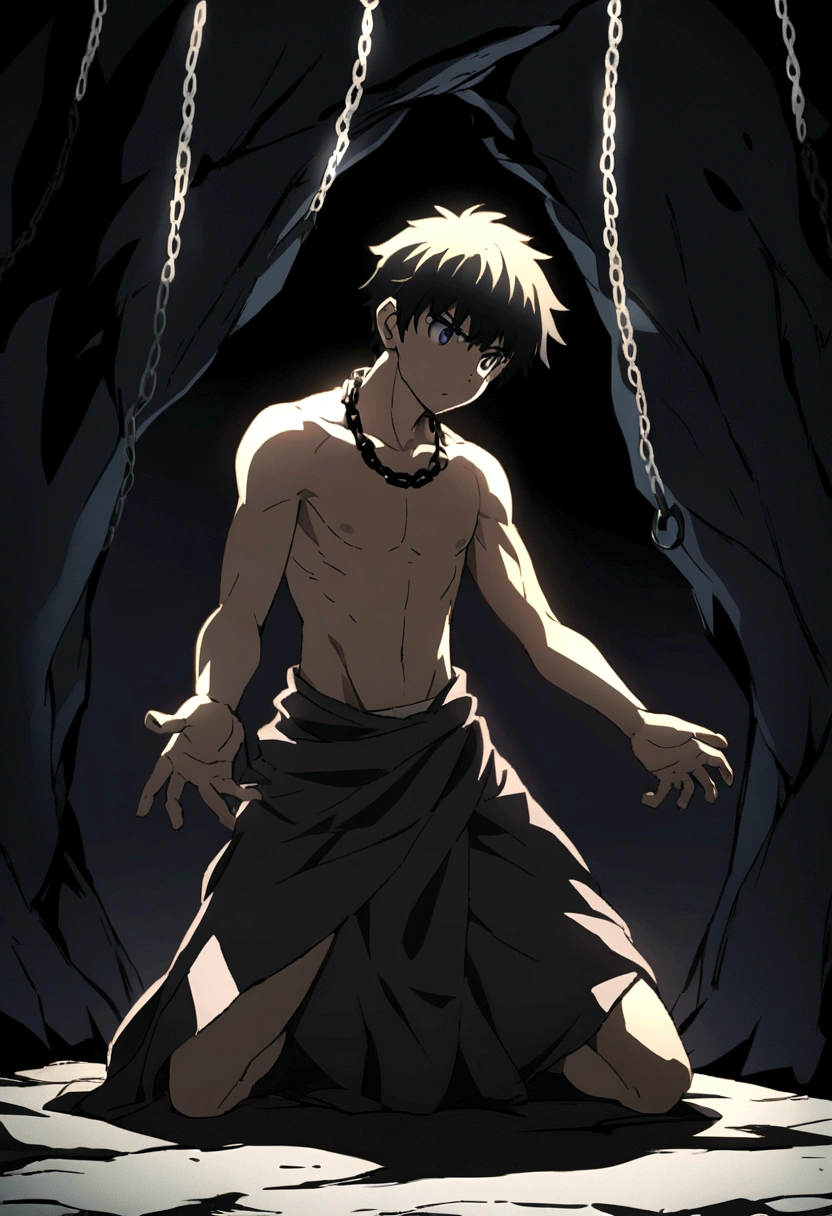 "A age boy, shirtless with lightly defined muscles, is kneeling with his arms pulled upward by chains, giving the impression that he is imprisoned. He also has a chain around his neck. He has a determined expression on his face, showing resilience. The background is a desolate cave, with rough, uneven walls and a dark, inhospitable atmosphere. There is a single, focused light shining down on the boy, casting dramatic shadows and highlighting his figure, while the rest of the cave remains shrouded in darkness, anime."