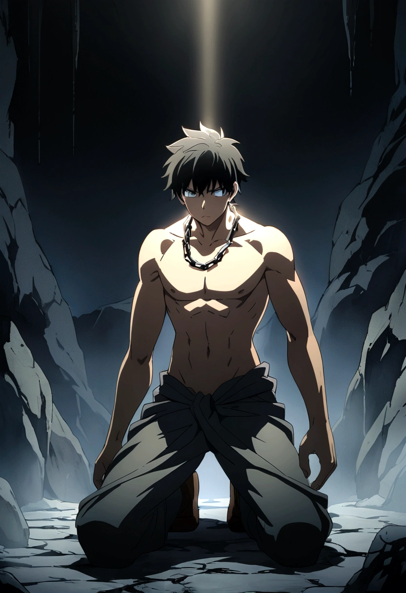 "A teenage boy, shirtless with lightly defined muscles, is kneeling with his arms pulled upward by chains, giving the impression that he is imprisoned. He also has a chain around his neck. He has a determined expression on his face, showing resilience. The background is a desolate cave, with rough, uneven walls and a dark, inhospitable atmosphere. There is a single, focused light shining down on the boy, casting dramatic shadows and highlighting his figure, while the rest of the cave remains shrouded in darkness, anime."
