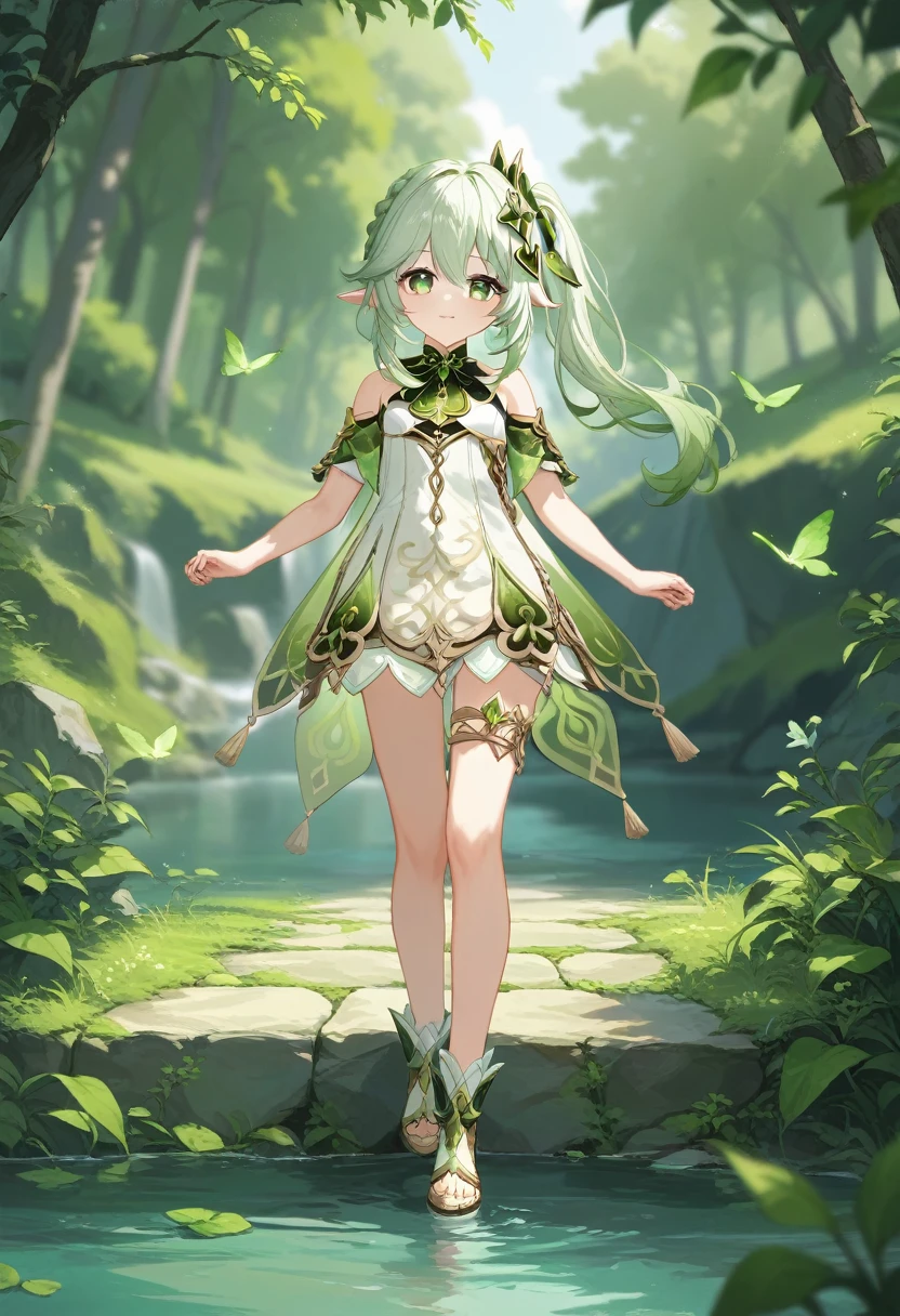 score_9,score_8_up,score_7_up,source_anime,full body,Idealized Forms,Natural Light,details background,blurry background,extremely detailed,Nahida(Genshin Impact),Green Eyes,Waterfront,in the forest